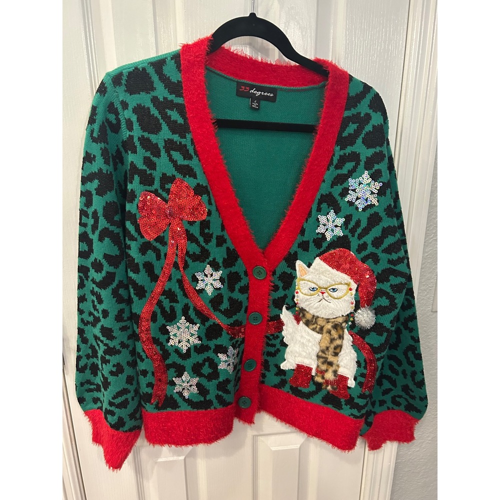 33 Degrees Cardigan Green Leopard Christmas Cat Sequin Ugly Holiday Sweater L